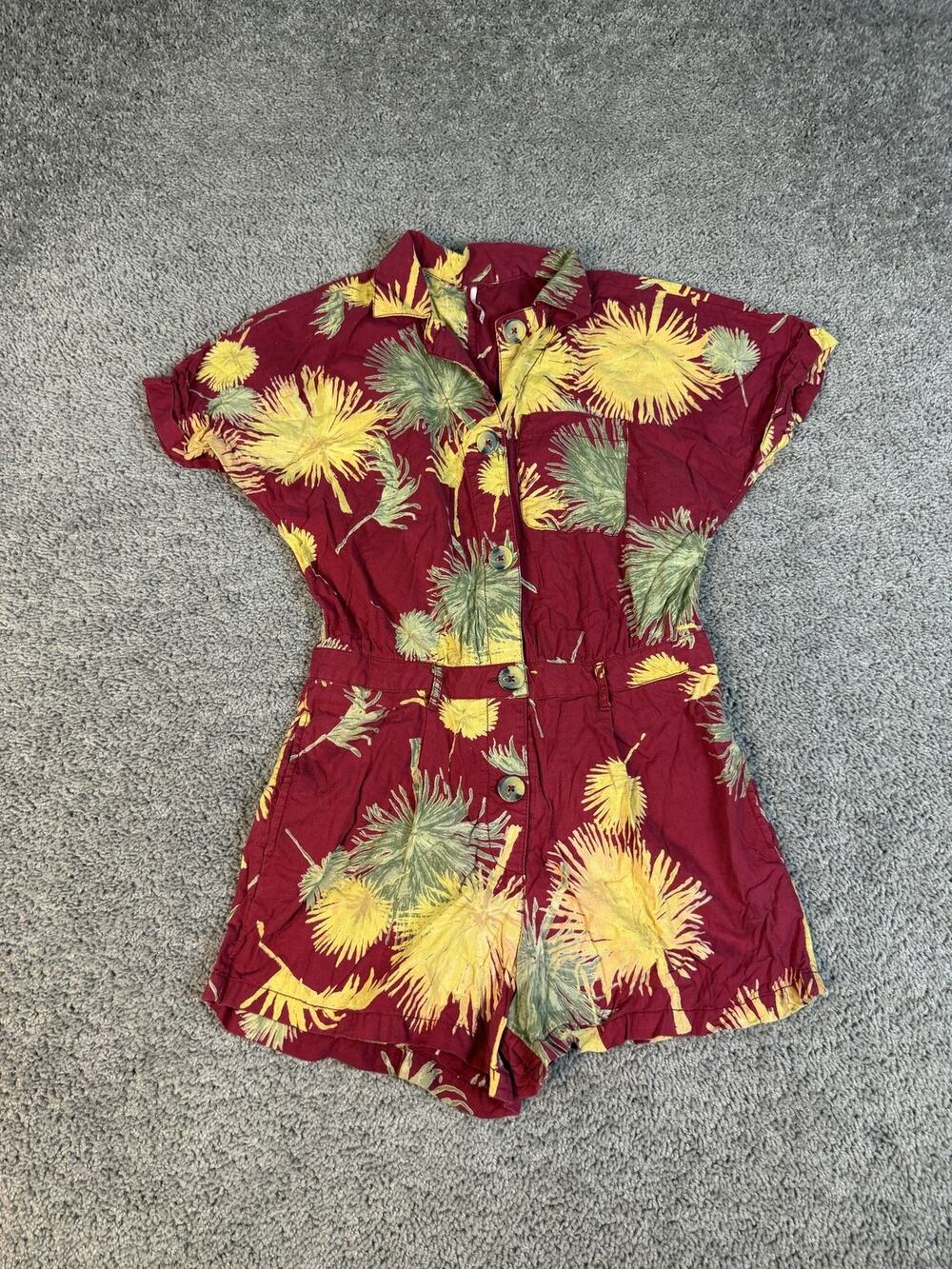 Free People Romper Womens S Red Floral 100% Cotton Collared Button Elastic